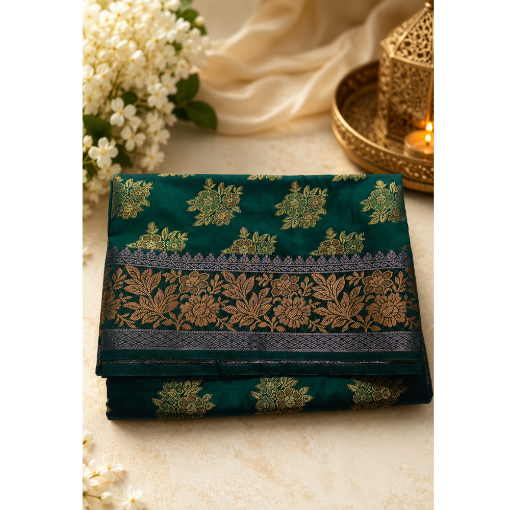 Women's Emerald Green Soft Silk Saree with Rich Gold Zari Floral Weaving | Festive & Wedding Wear