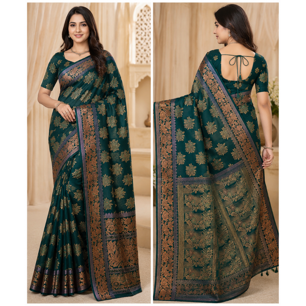 Women's Emerald Green Soft Silk Saree with Rich Gold Zari Floral Weaving | Festive & Wedding Wear
