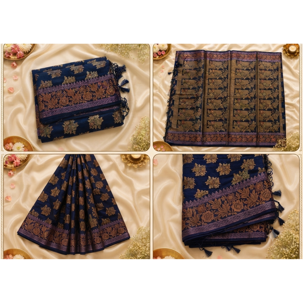 Women's Navy Blue Soft Silk Saree with Rich Gold Zari Floral Weaving | Festive & Wedding Wear
