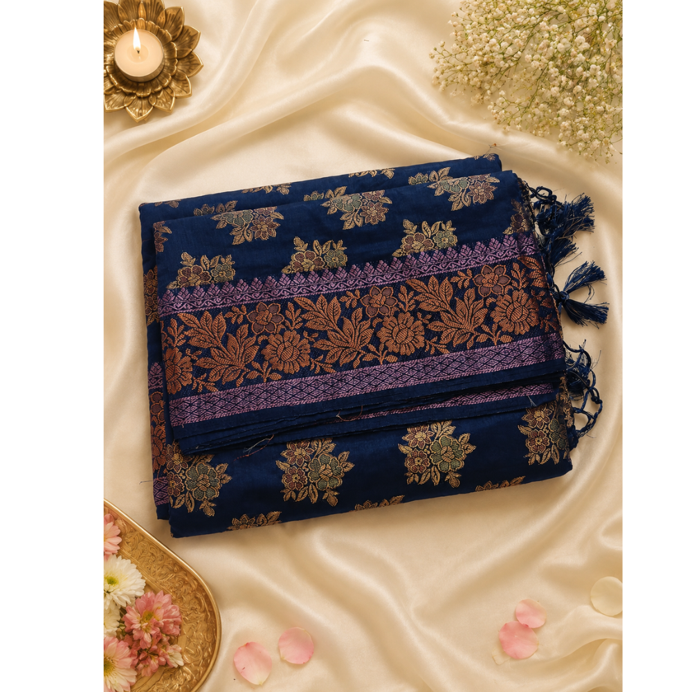 Women's Navy Blue Soft Silk Saree with Rich Gold Zari Floral Weaving | Festive & Wedding Wear