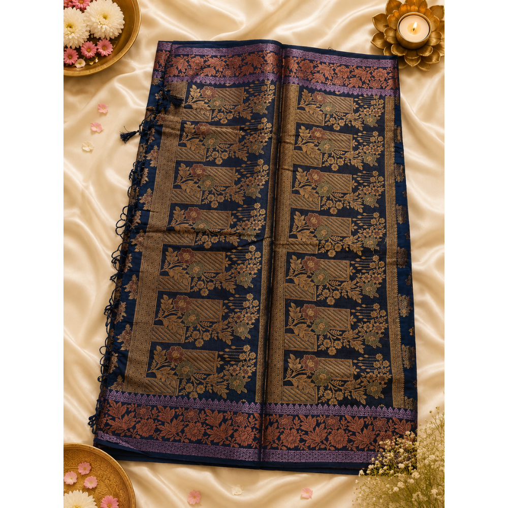 Women's Navy Blue Soft Silk Saree with Rich Gold Zari Floral Weaving | Festive & Wedding Wear