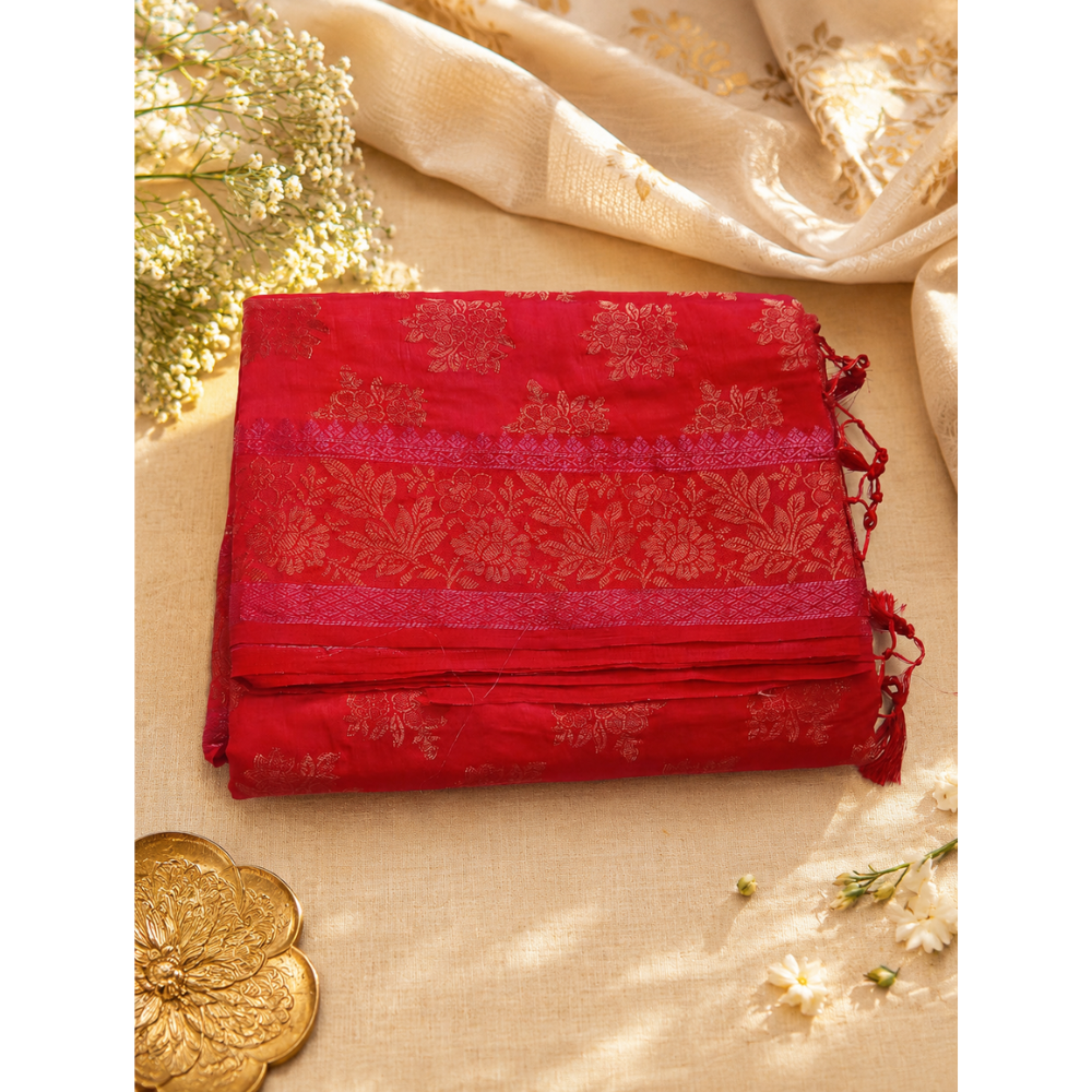 Women's Royal Red Soft Silk Saree with Gold Zari Weaving