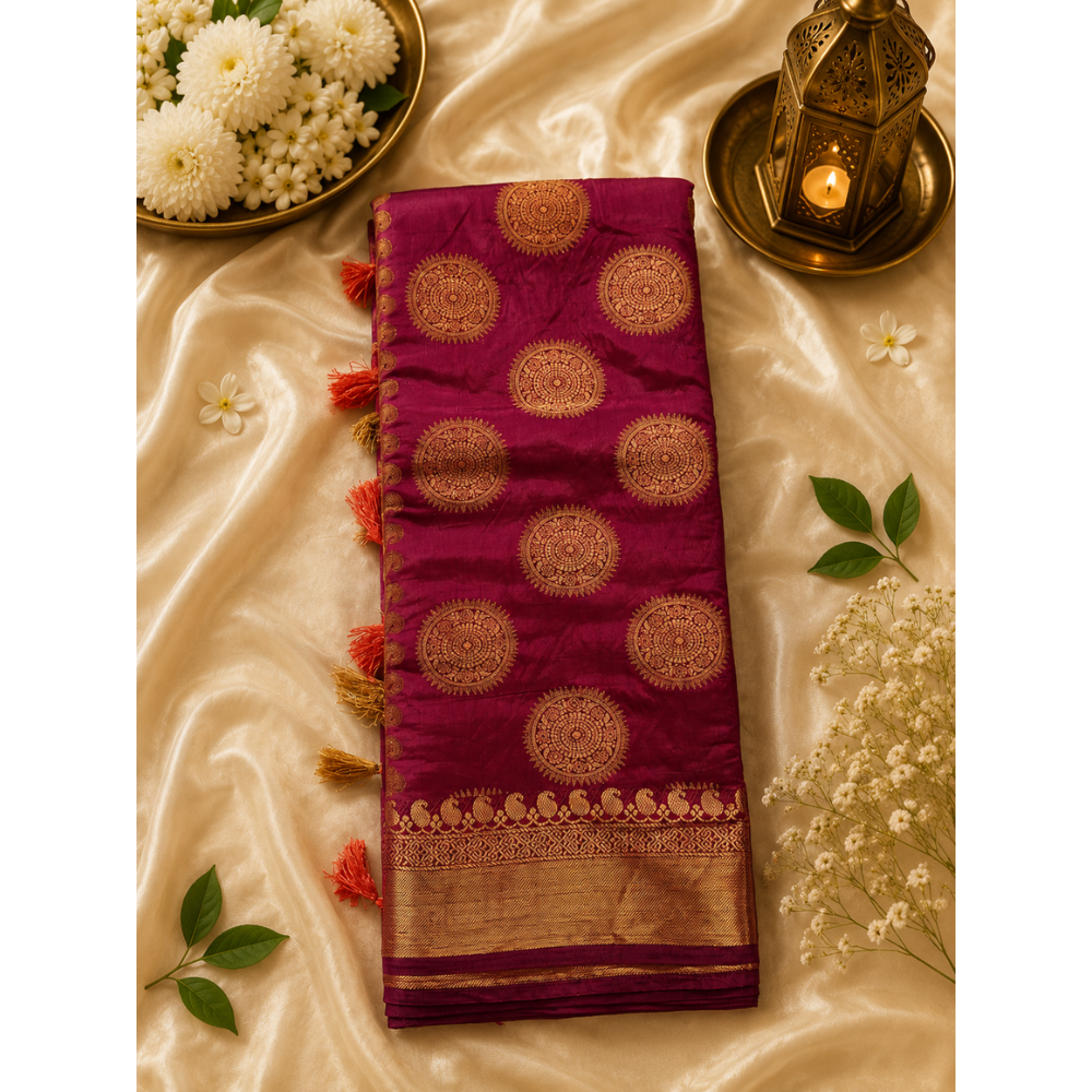Untitled design (2) Royal Magenta Banarasi Silk Saree with Golden Mandala Buttas & Tassels