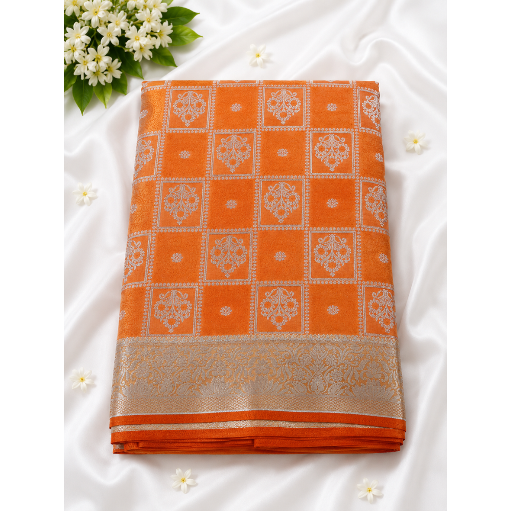 Premium Orange Banarasi Silk Saree with Silver Zari Woven Design