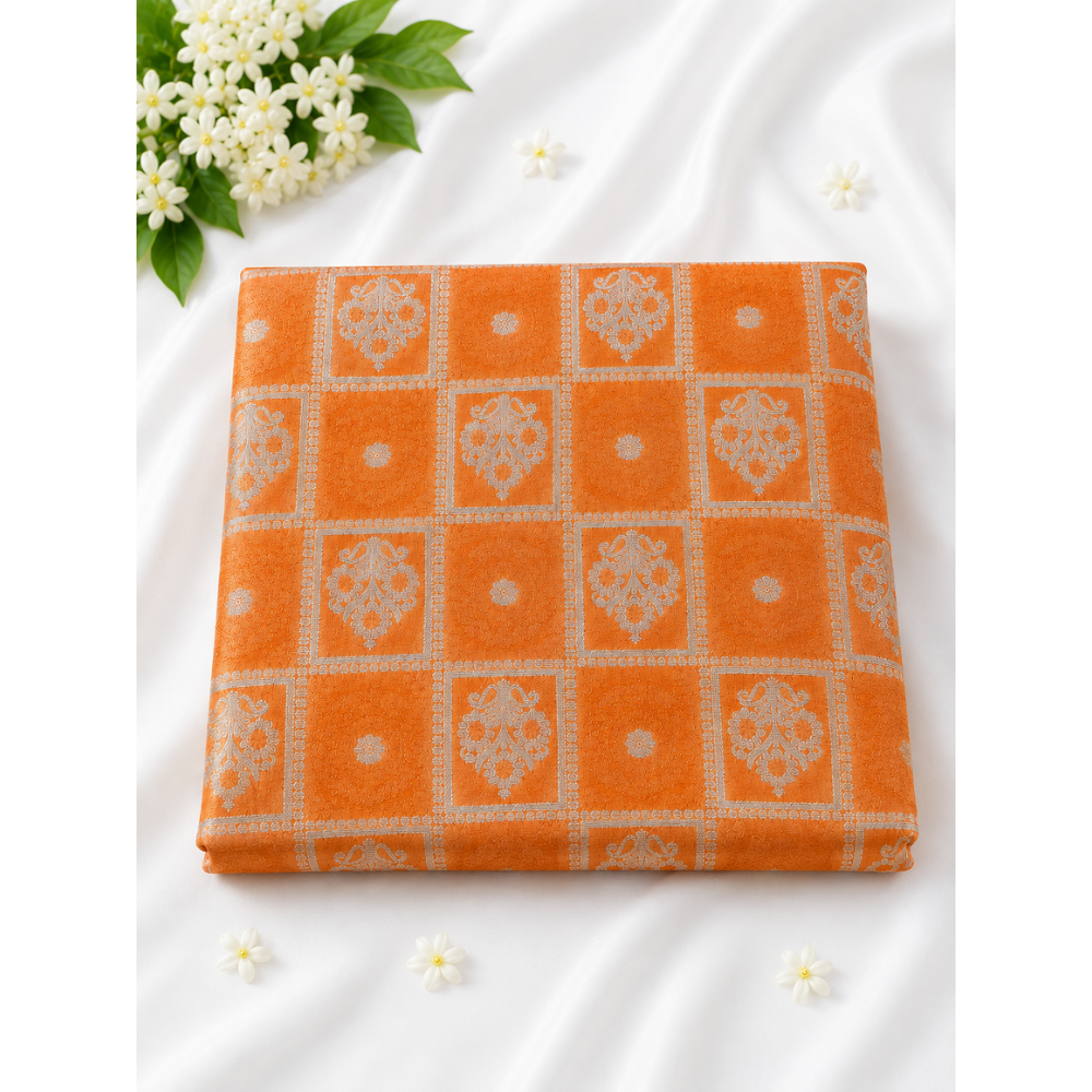 Premium Orange Banarasi Silk Saree with Silver Zari Woven Design