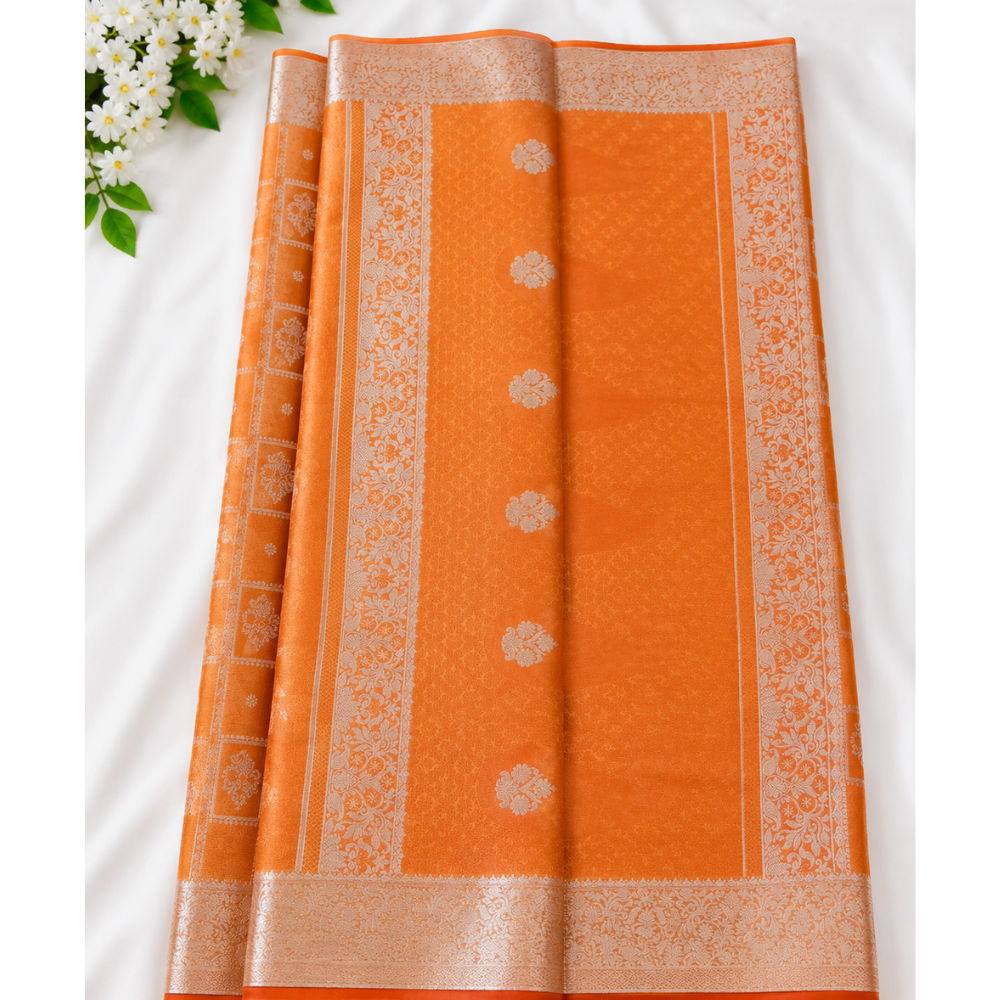 Premium Orange Banarasi Silk Saree with Silver Zari Woven Design