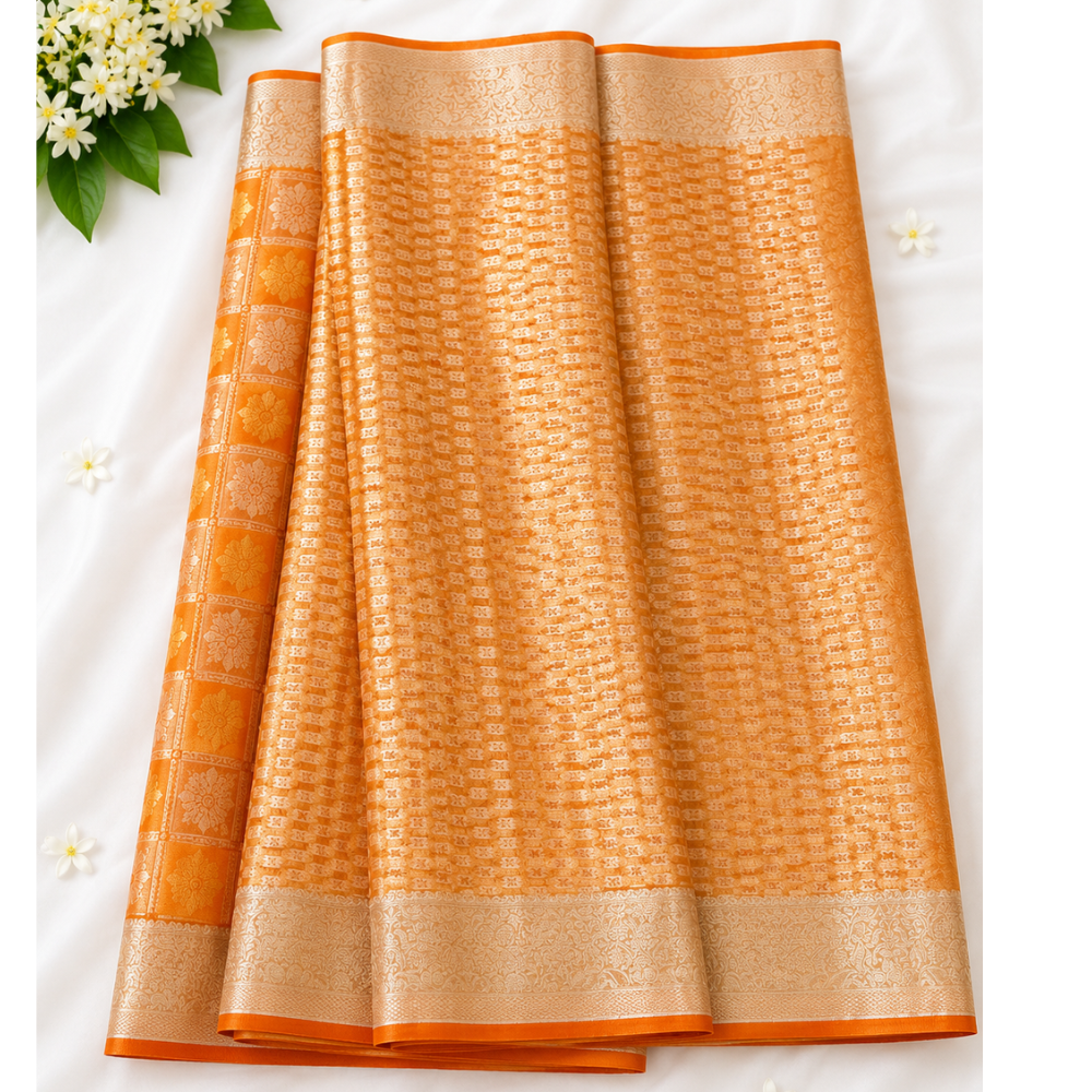 Premium Orange Banarasi Silk Saree with Silver Zari Woven Design