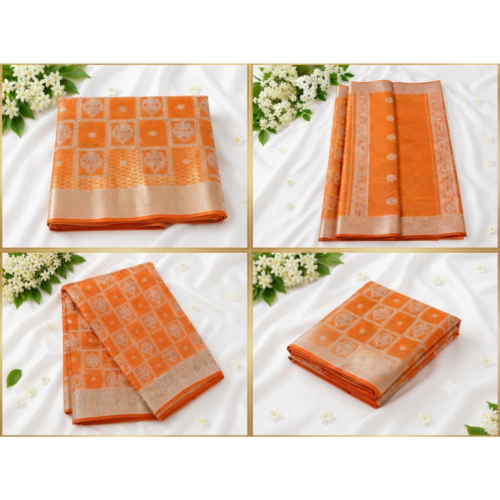 Premium Orange Banarasi Silk Saree with Silver Zari Woven Design