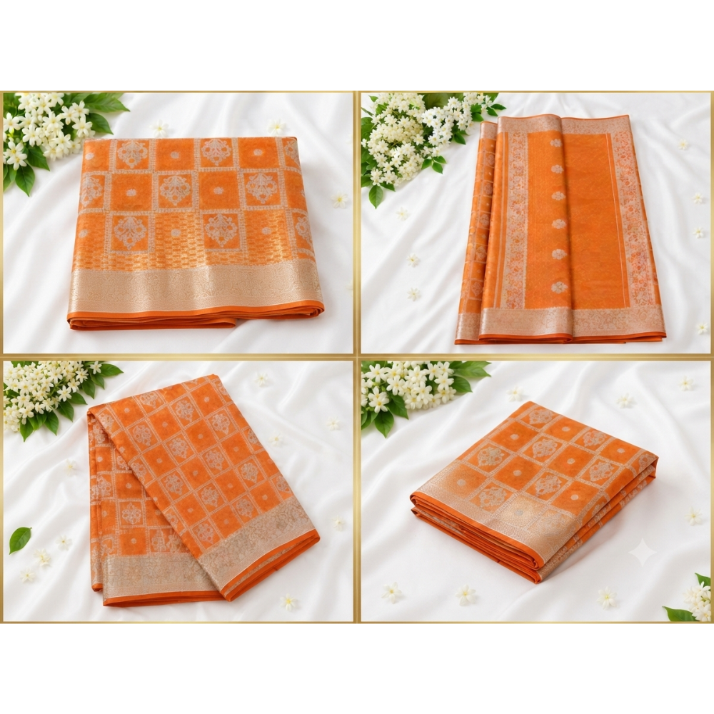 Premium Orange Banarasi Silk Saree with Silver Zari Woven Design