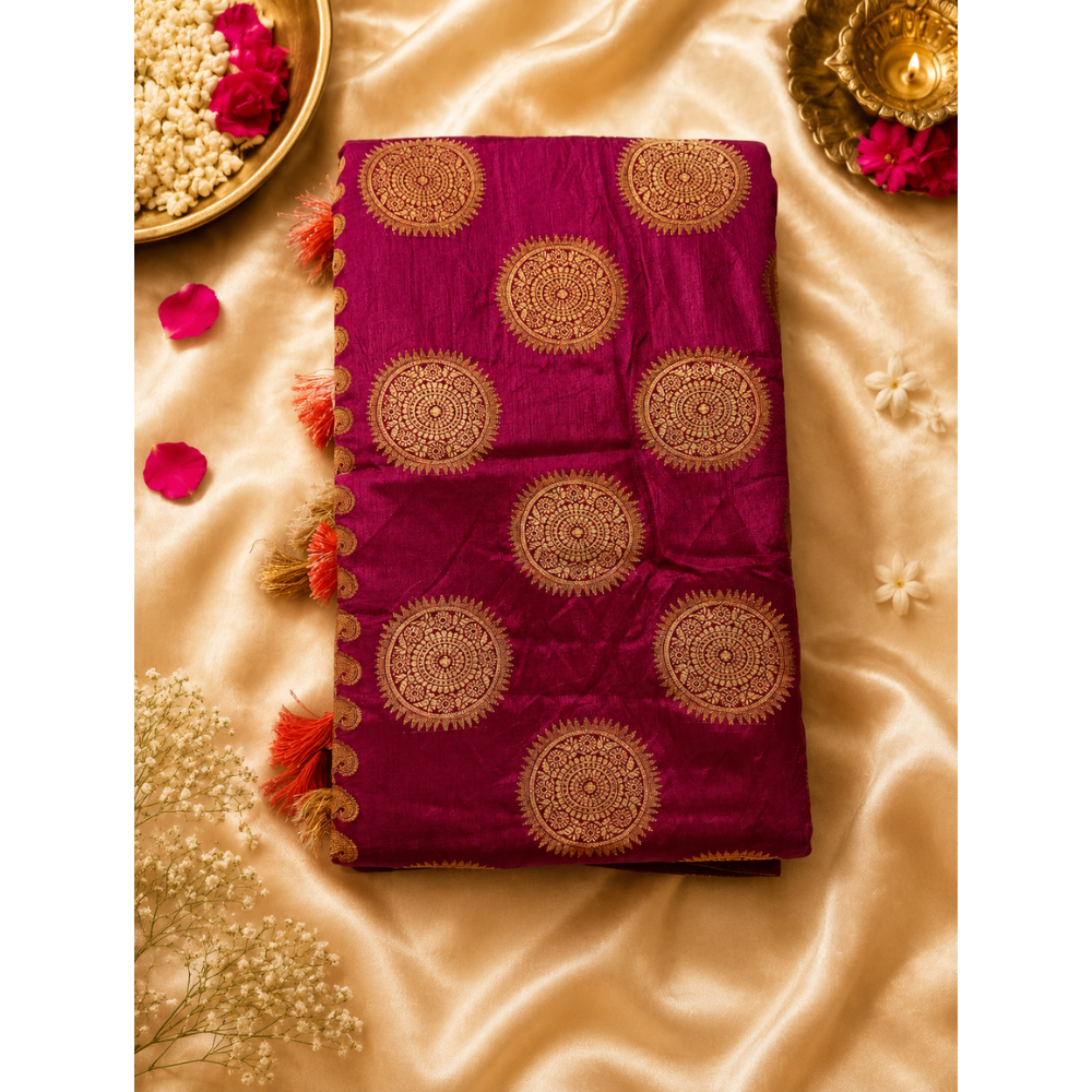 Untitled design (3) Royal Magenta Banarasi Silk Saree with Golden Mandala Buttas & Tassels