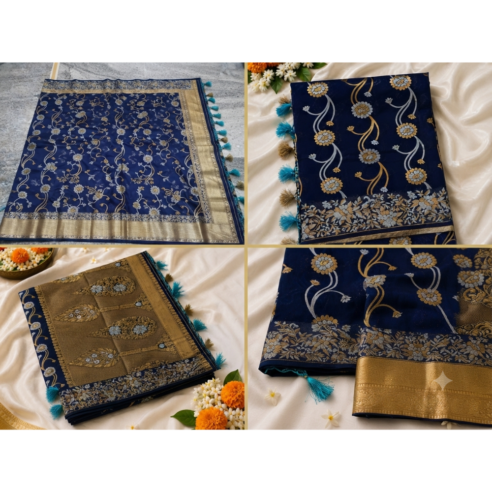 Premium Navy Blue Floral Banarasi Silk Saree with Elegant Tassels