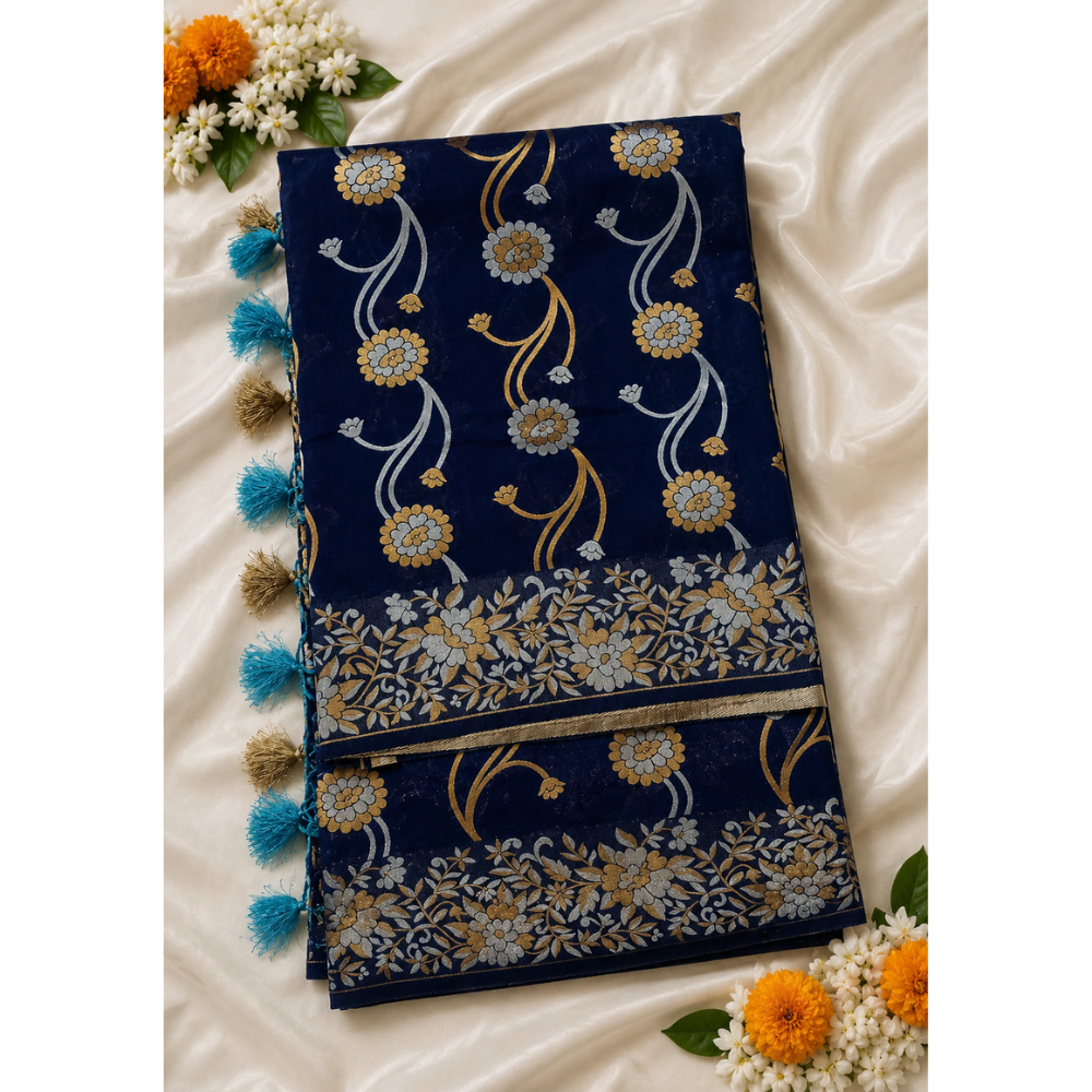 Premium Navy Blue Floral Banarasi Silk Saree with Elegant Tassels