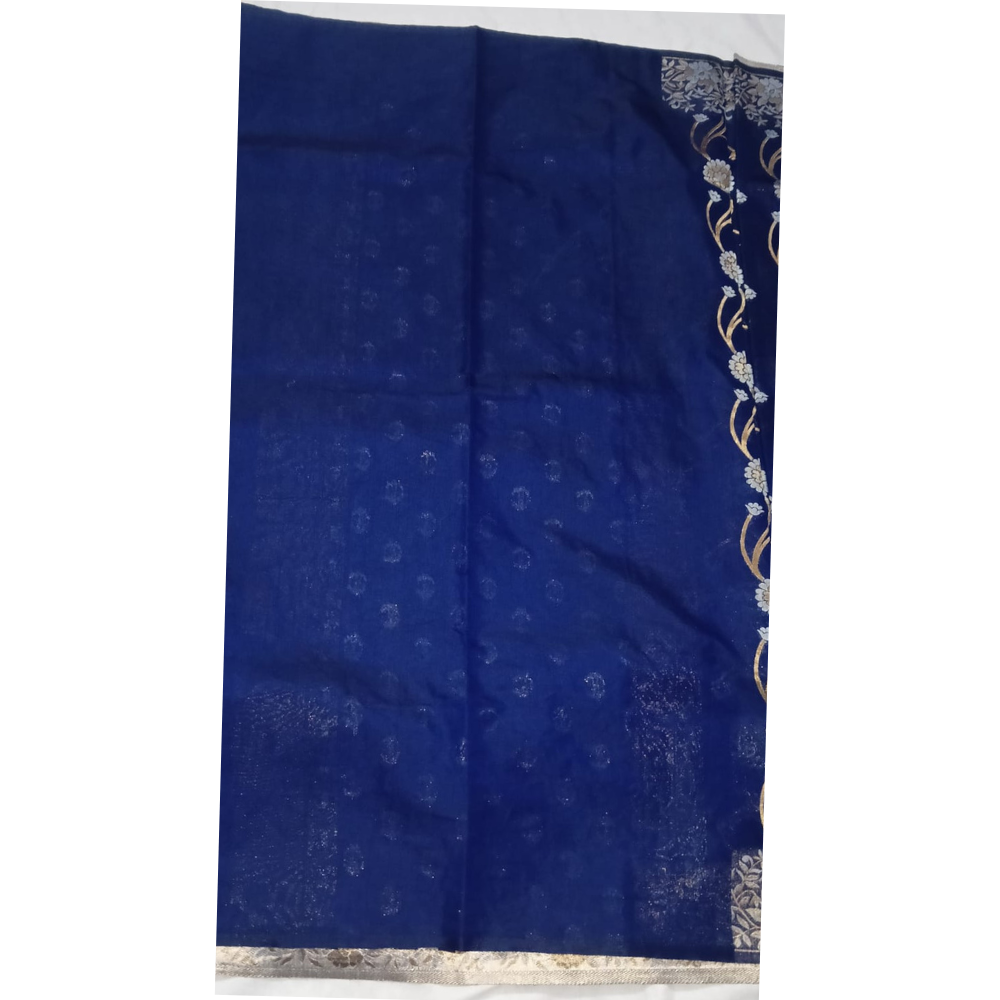Premium Navy Blue Floral Banarasi Silk Saree with Elegant Tassels
