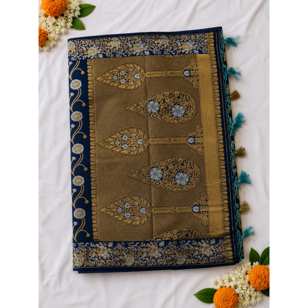 Premium Navy Blue Floral Banarasi Silk Saree with Elegant Tassels