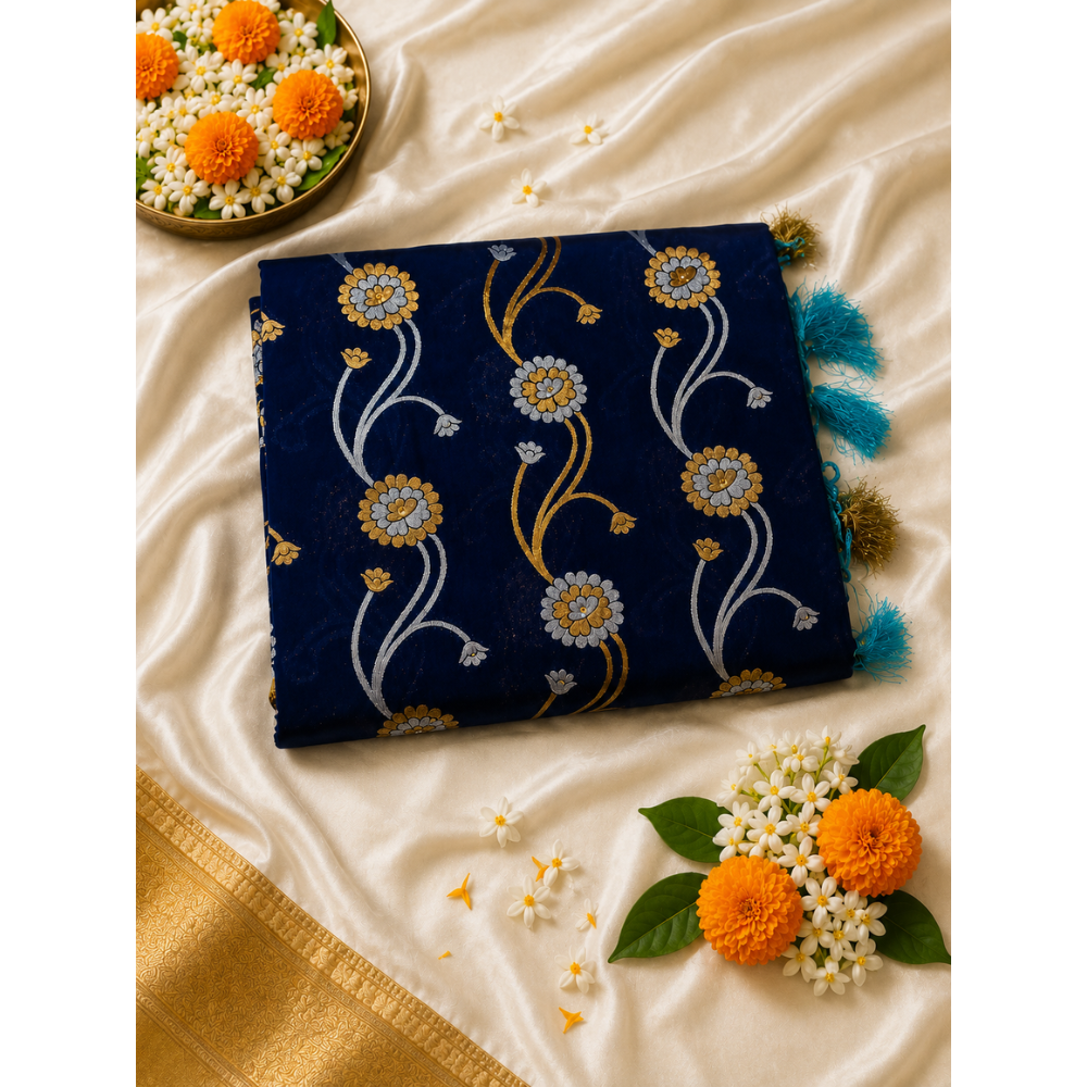Premium Navy Blue Floral Banarasi Silk Saree with Elegant Tassels