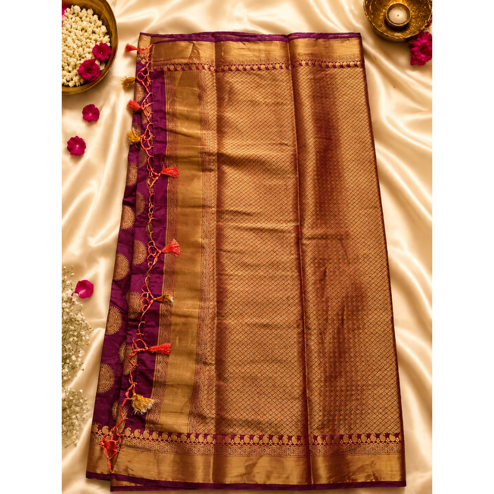 Untitled design (4) Royal Magenta Banarasi Silk Saree with Golden Mandala Buttas & Tassels