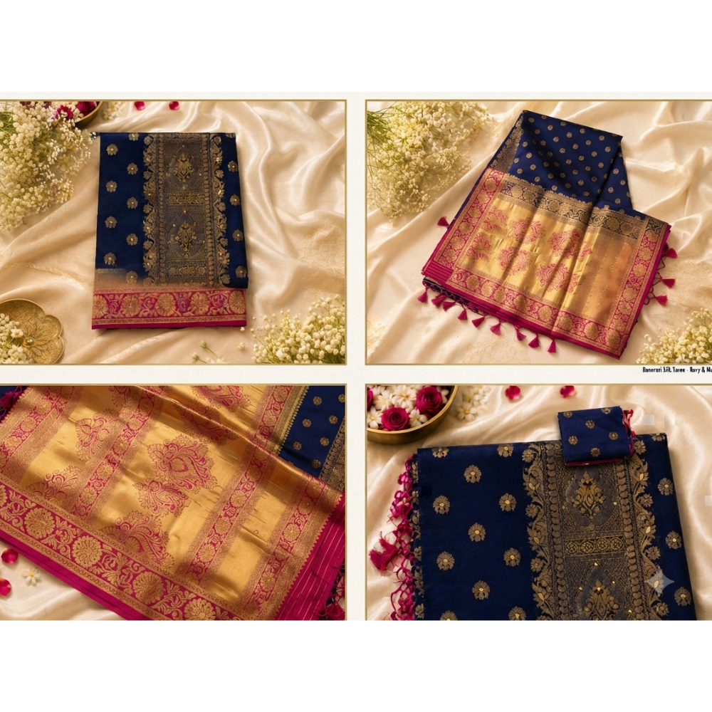 Premium Navy Blue Banarasi Silk Saree with Rich Gold Zari Floral Weaving & Contrast Pink Border