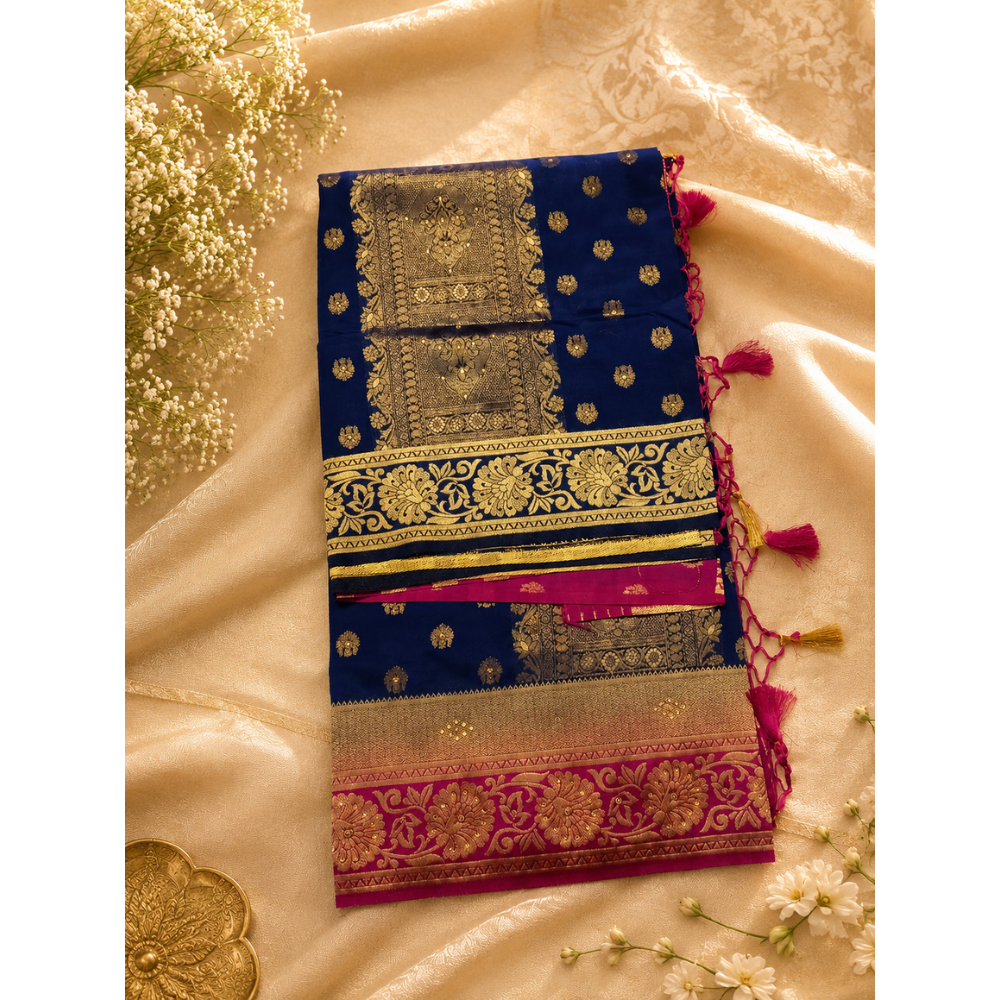 Premium Navy Blue Banarasi Silk Saree with Rich Gold Zari Floral Weaving & Contrast Pink Border