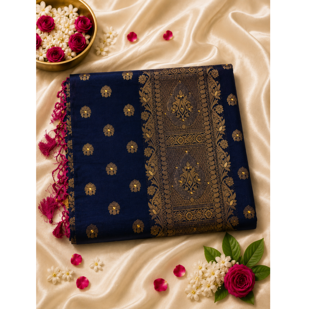 Premium Navy Blue Banarasi Silk Saree with Rich Gold Zari Floral Weaving & Contrast Pink Border