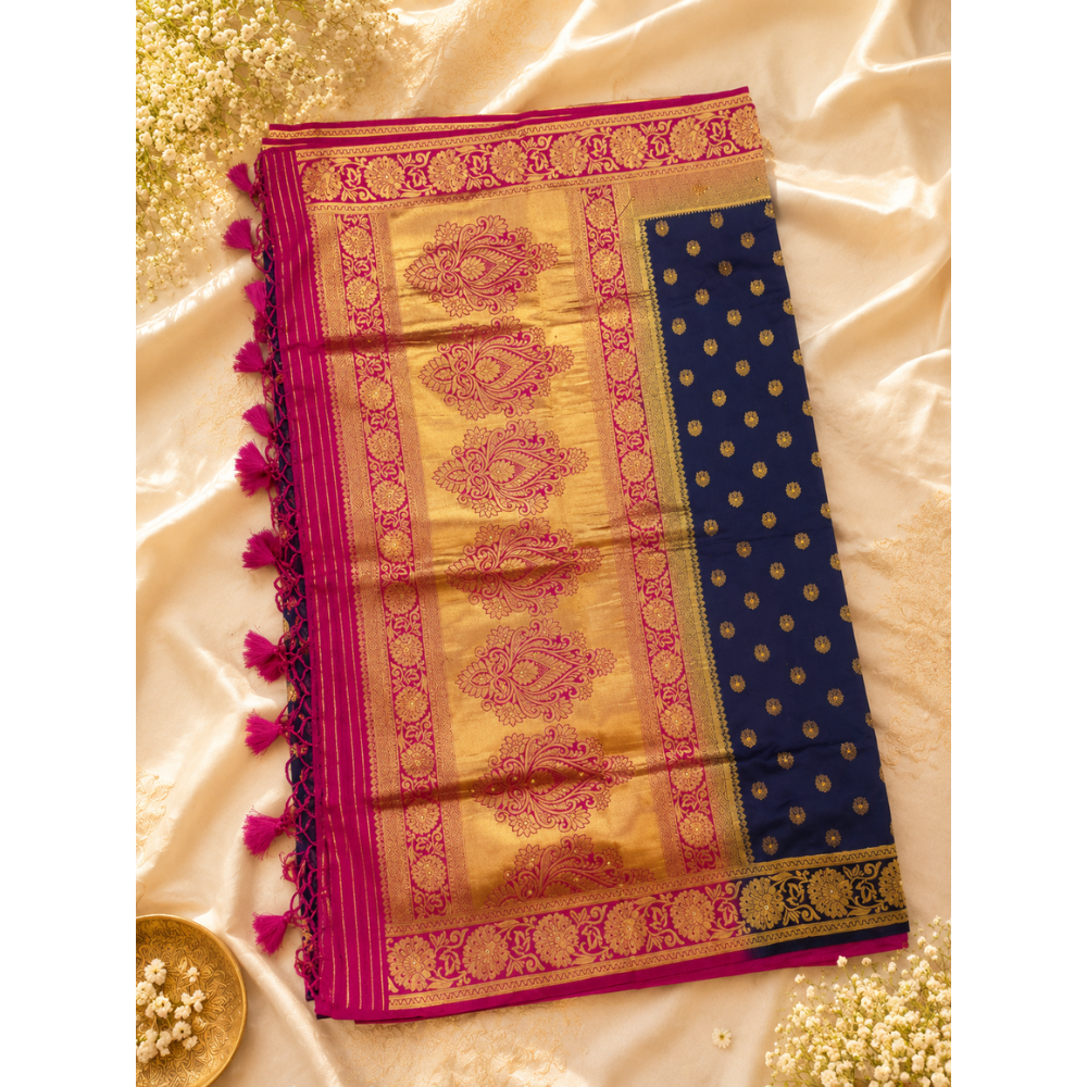 Premium Navy Blue Banarasi Silk Saree with Rich Gold Zari Floral Weaving & Contrast Pink Border