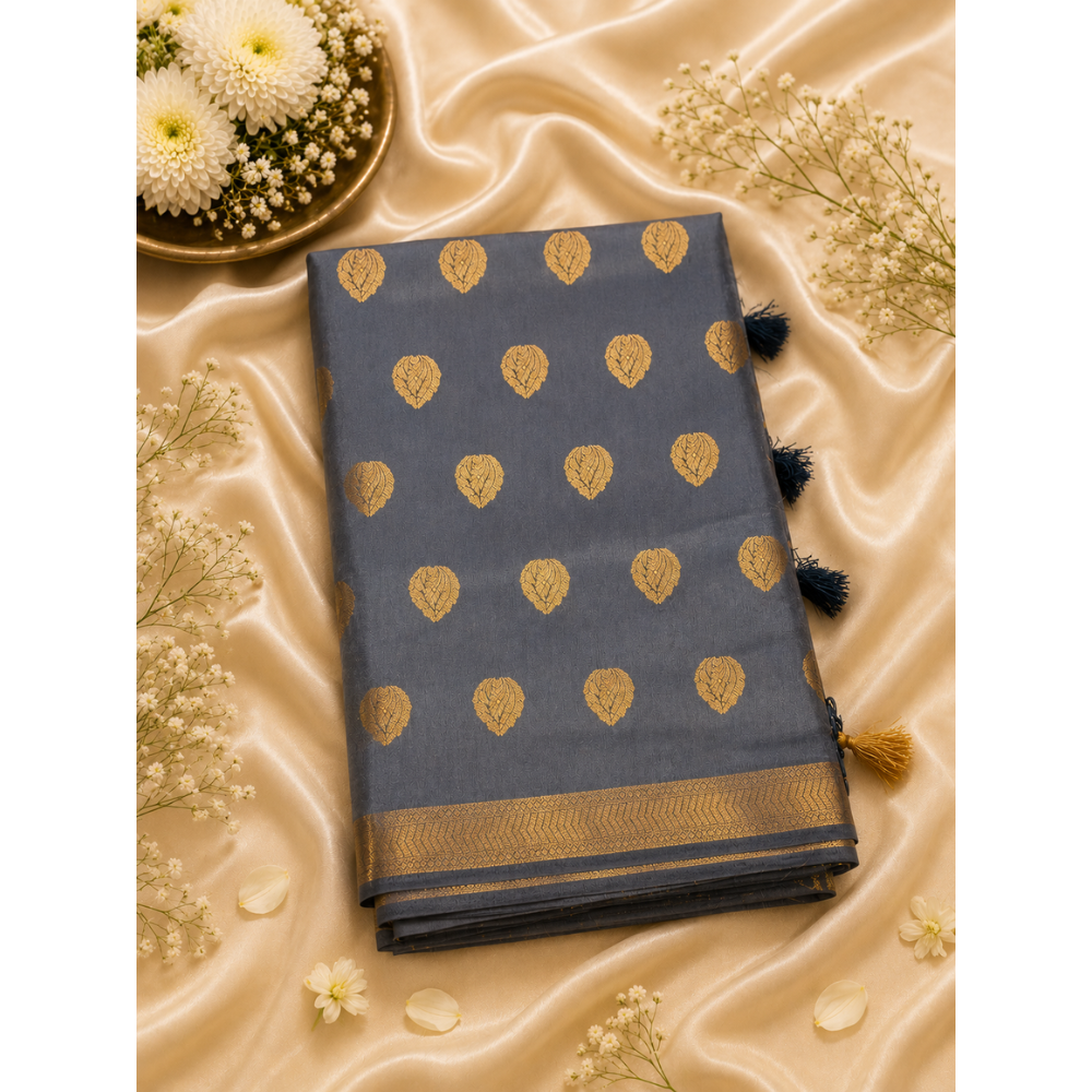 Untitled design (46) Premium Grey Banarasi Silk Saree with Rich Gold Zari Butta & Traditional Woven Border
