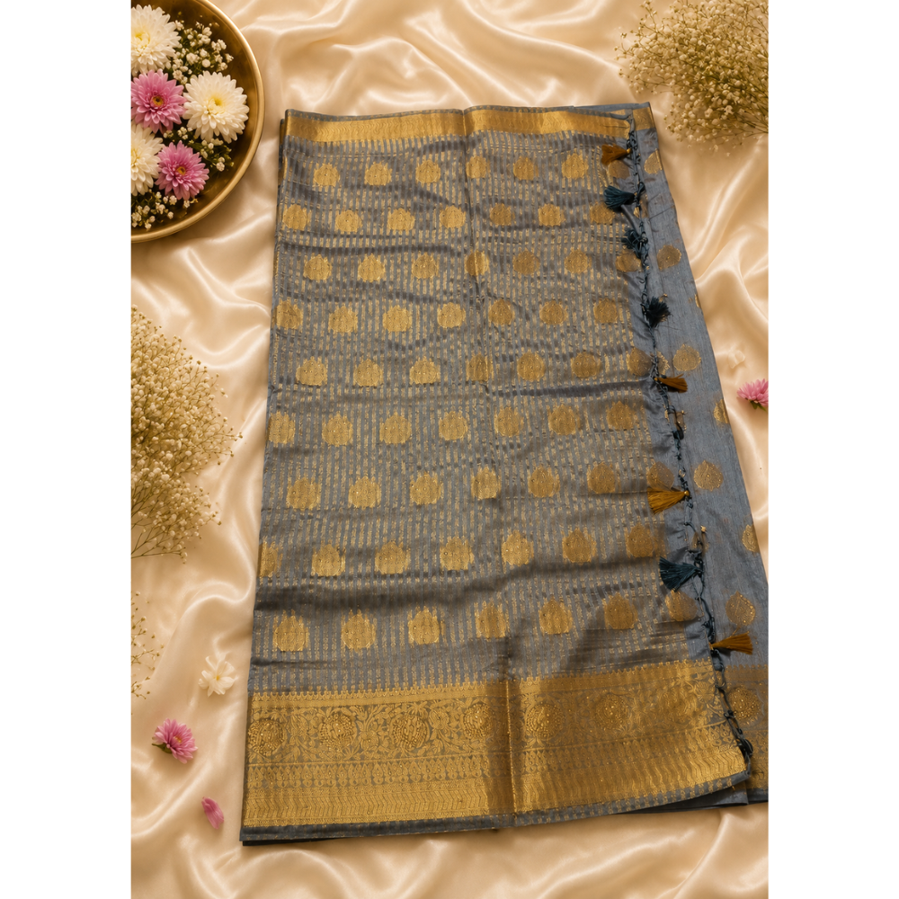 Untitled design (47) Premium Grey Banarasi Silk Saree with Rich Gold Zari Butta & Traditional Woven Border