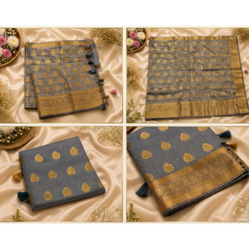 Premium Grey Banarasi Silk Saree with Rich Gold Zari Butta & Traditional Woven Border
