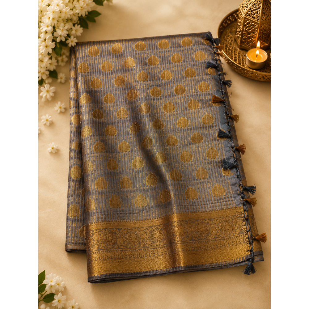 Untitled design (49) Premium Grey Banarasi Silk Saree with Rich Gold Zari Butta & Traditional Woven Border