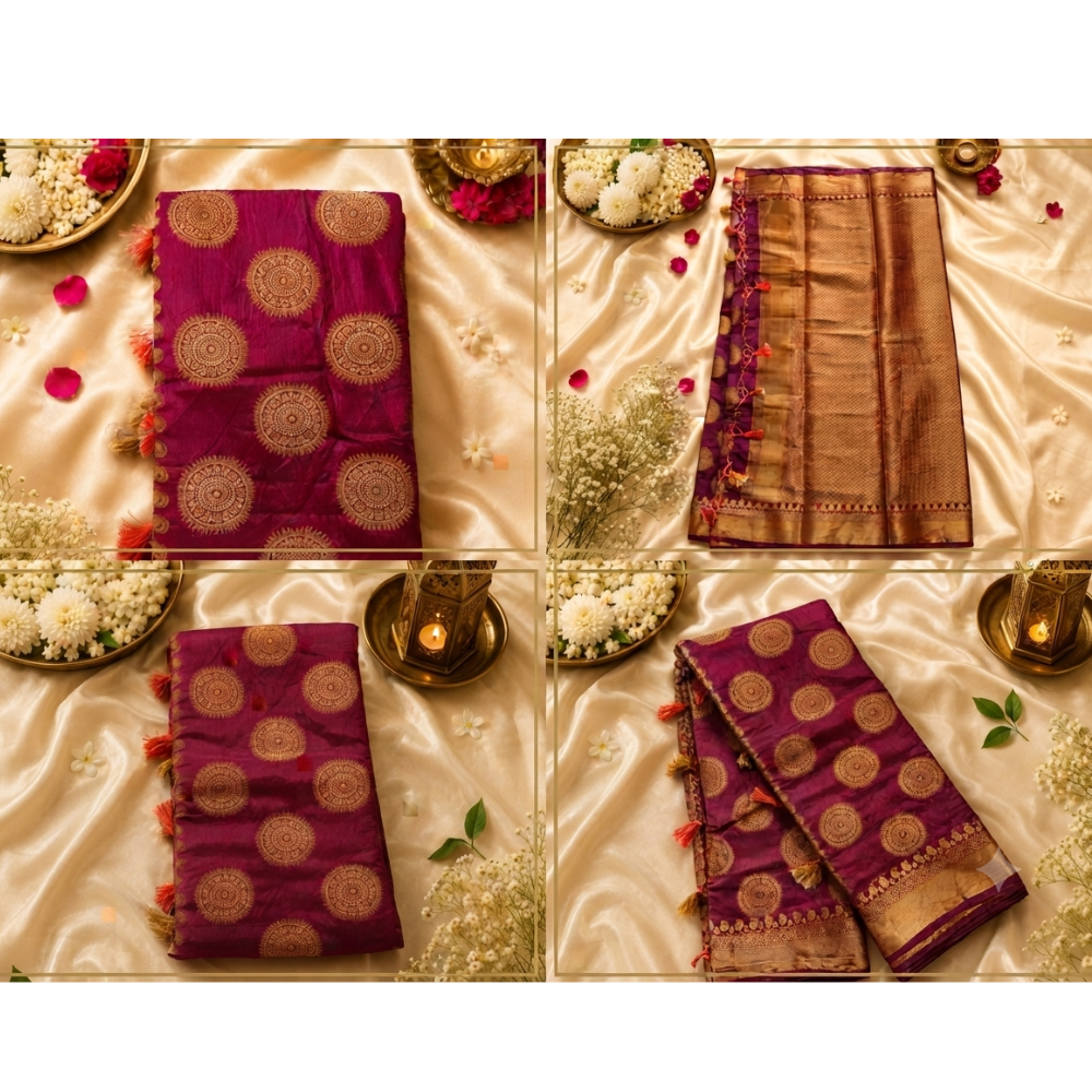 Untitled design (5) Royal Magenta Banarasi Silk Saree with Golden Mandala Buttas & Tassels