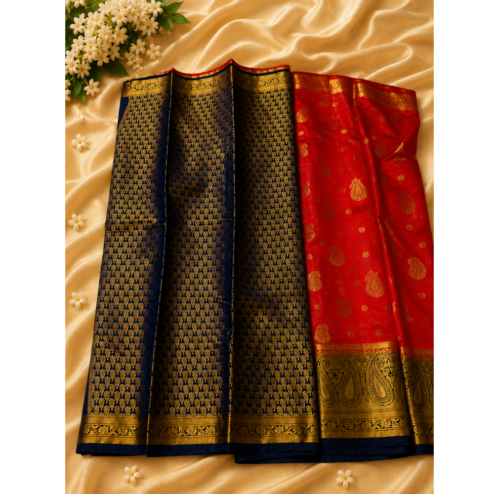 Royal Red & Navy Blue Traditional Silk Saree with Rich Zari Border