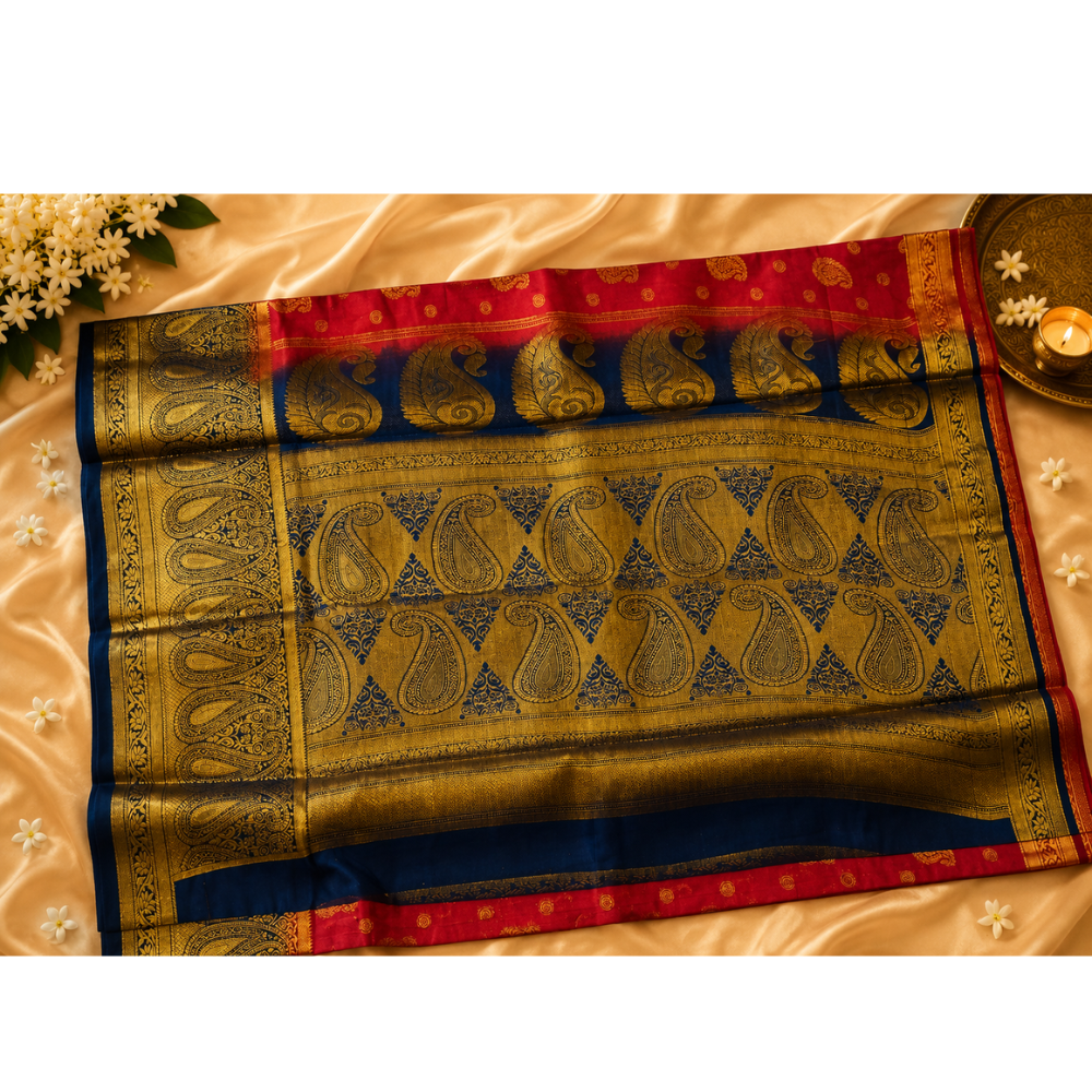 Royal Red & Navy Blue Traditional Silk Saree with Rich Zari Border