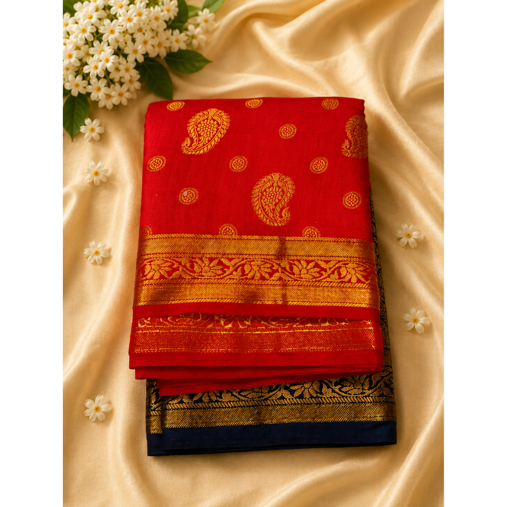 Royal Red & Navy Blue Traditional Silk Saree with Rich Zari Border