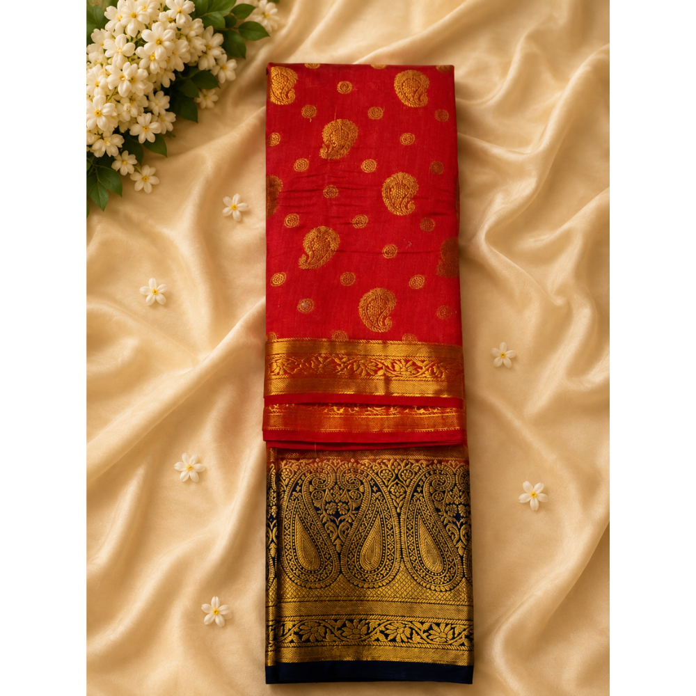 Royal Red & Navy Blue Traditional Silk Saree with Rich Zari Border
