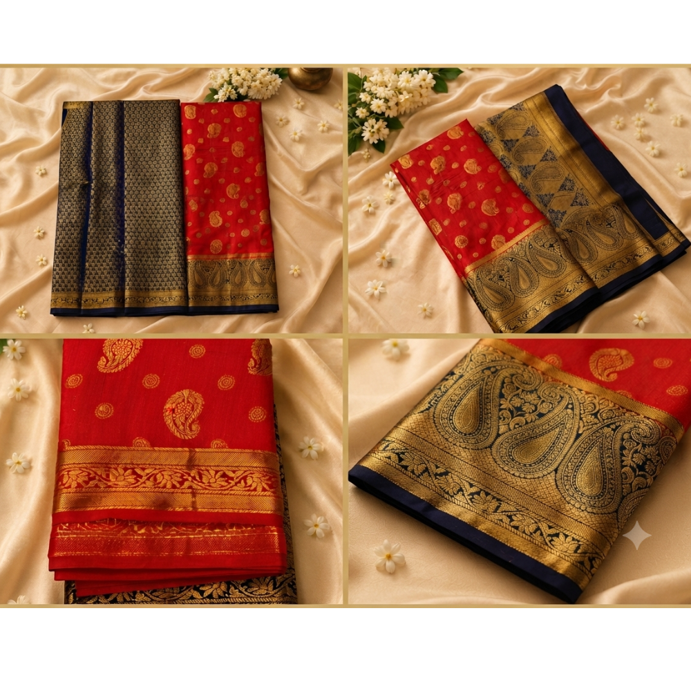 Royal Red & Navy Blue Traditional Silk Saree with Rich Zari Border