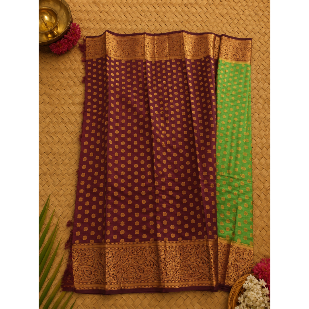 Untitled design (57) Royal Parrot Green Soft Lichi Silk Saree with Antique Copper Zari Border