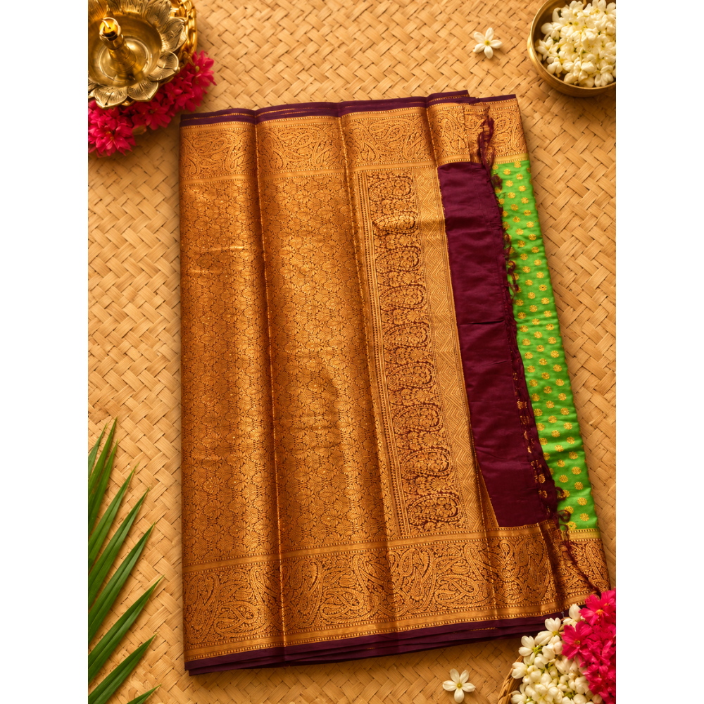 Untitled design (58) Royal Parrot Green Soft Lichi Silk Saree with Antique Copper Zari Border