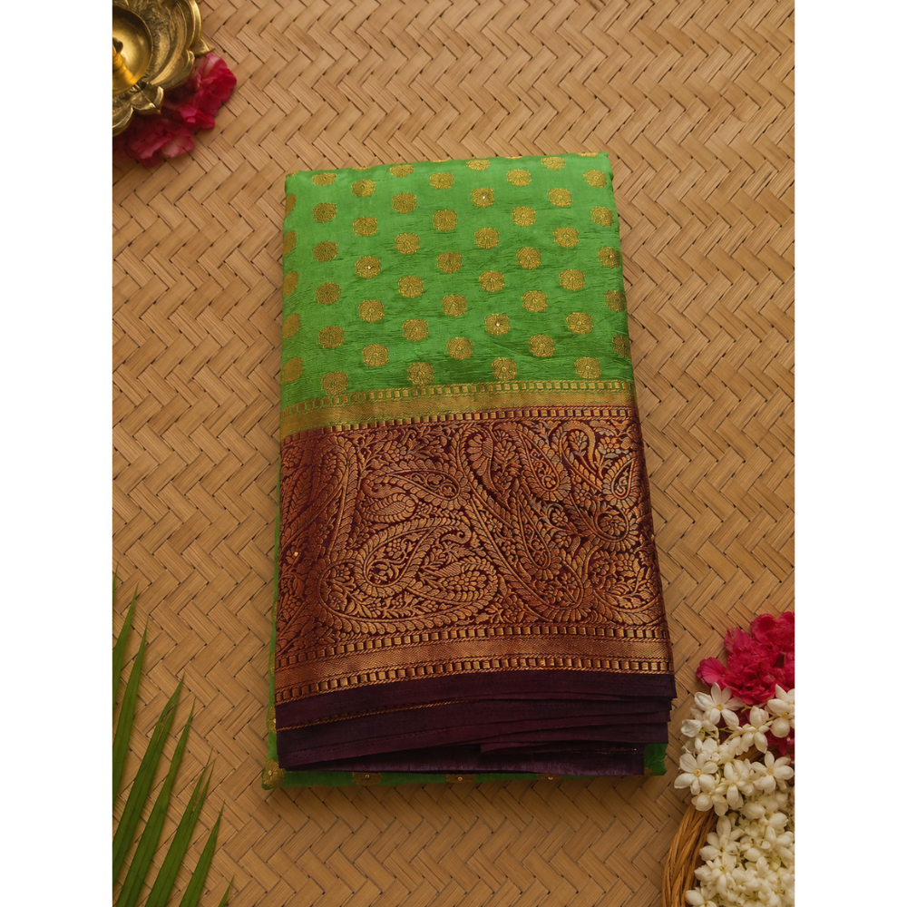 Untitled design (59) Royal Parrot Green Soft Lichi Silk Saree with Antique Copper Zari Border
