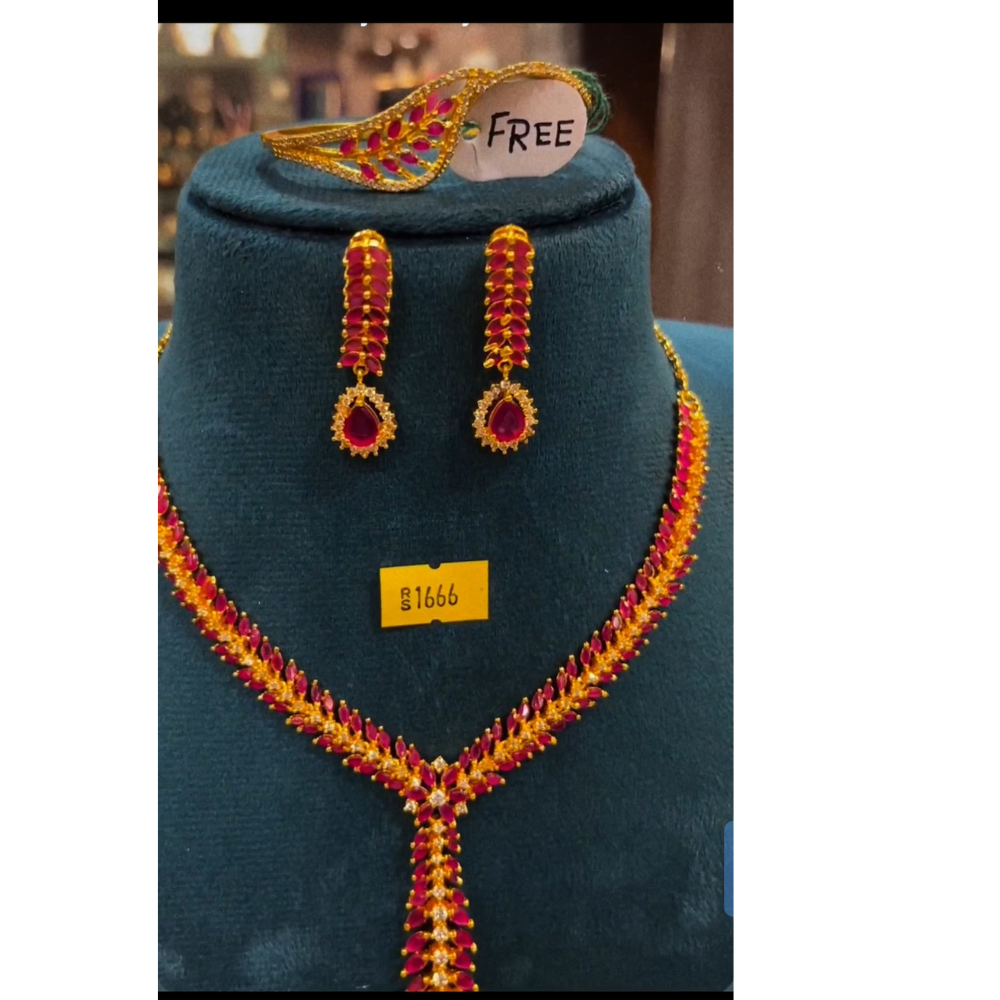 Traditional Gold-Plated Ruby Stone Necklace Set with Matching Earrings & Bracelet