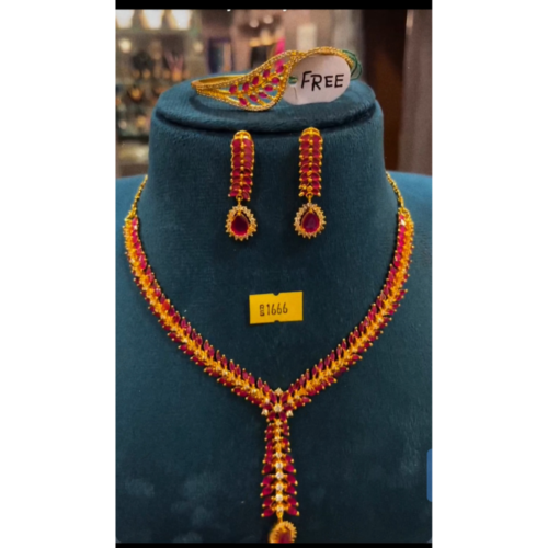 Traditional Gold-Plated Ruby Stone Necklace Set with Matching Earrings & Bracelet