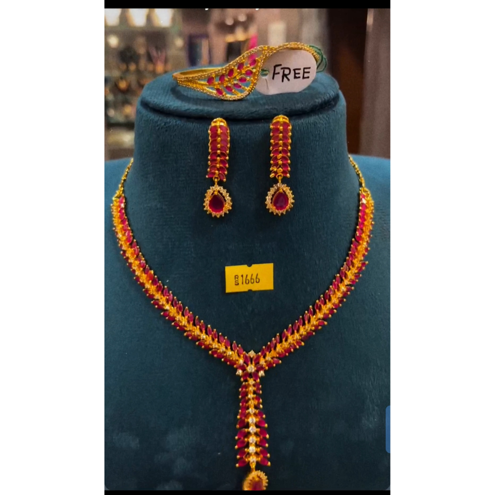 Traditional Gold-Plated Ruby Stone Necklace Set with Matching Earrings & Bracelet