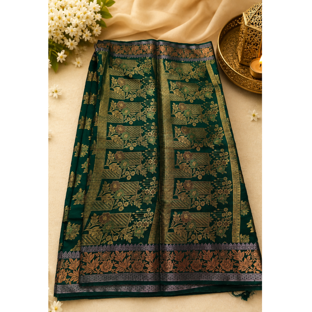 Women's Emerald Green Soft Silk Saree with Rich Gold Zari Floral Weaving | Festive & Wedding Wear
