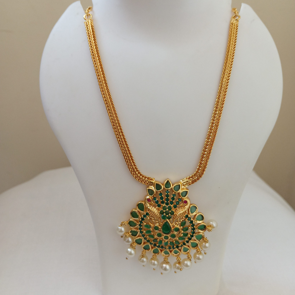 Untitled design (81) Traditional Gold-Plated Peacock Pendant Necklace with Green Stones & Pearl Drops