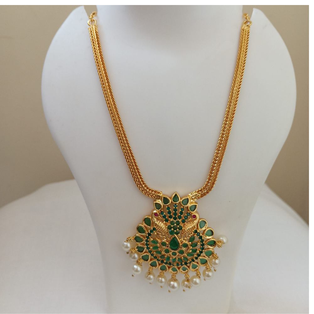 Untitled design (83) Traditional Gold-Plated Peacock Pendant Necklace with Green Stones & Pearl Drops