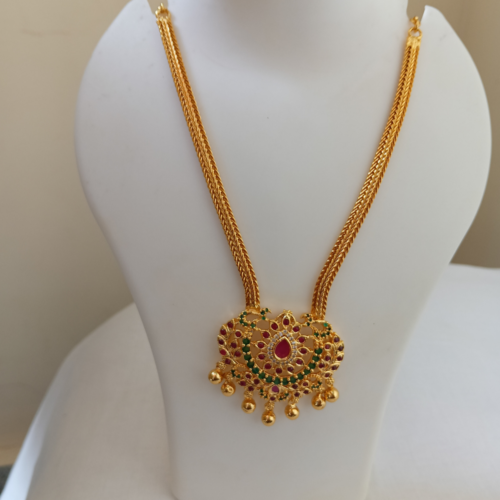 Traditional Gold-Plated Temple Necklace with Ruby & Emerald Green Stone Pendant