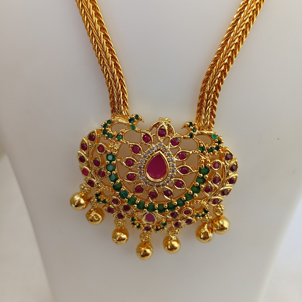 Traditional Gold-Plated Temple Necklace with Ruby & Emerald Green Stone Pendant