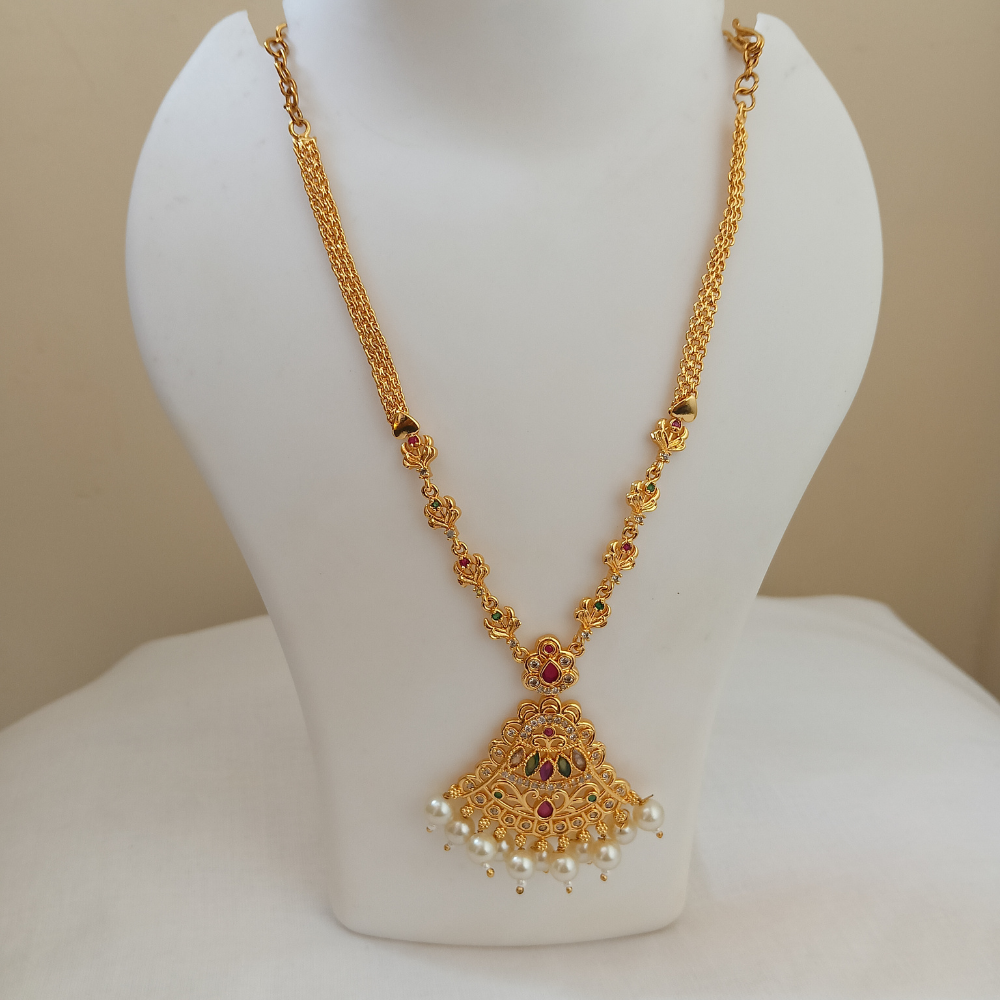 Traditional Gold-Plated Temple Pendant Necklace with Ruby, Green Stones & Pearl Drops