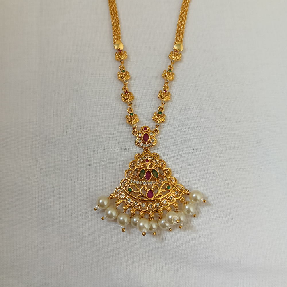 Traditional Gold-Plated Temple Pendant Necklace with Ruby, Green Stones & Pearl Drops