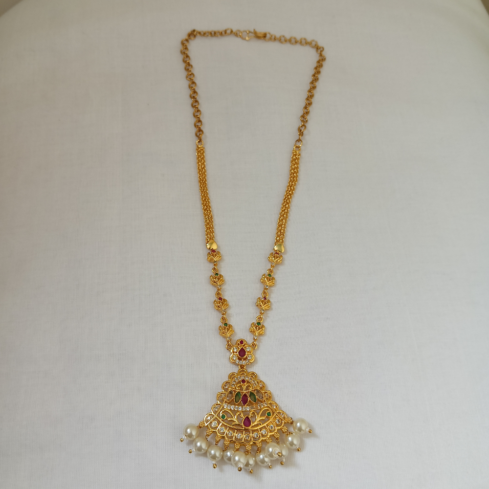 Traditional Gold-Plated Temple Pendant Necklace with Ruby, Green Stones & Pearl Drops