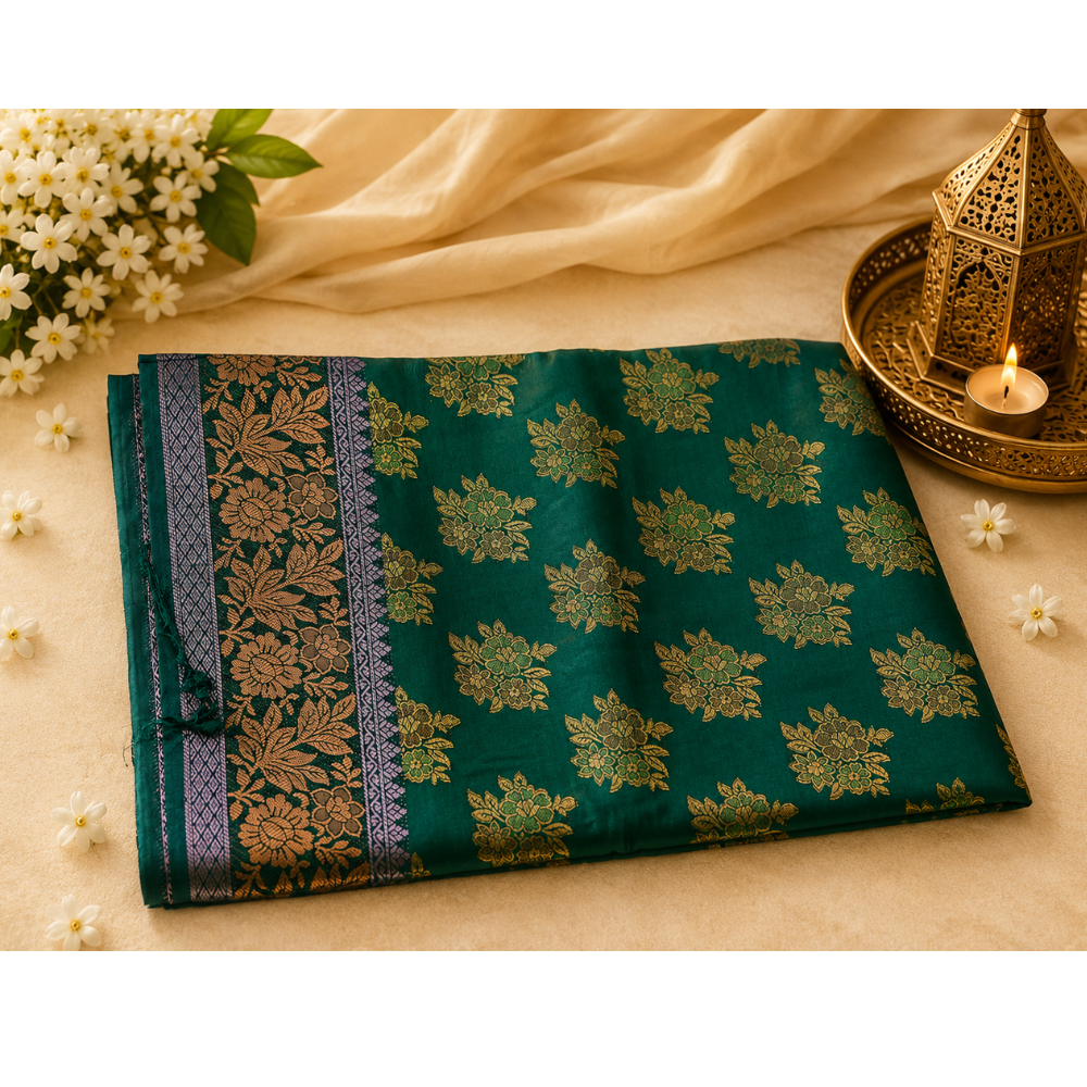 Women's Emerald Green Soft Silk Saree with Rich Gold Zari Floral Weaving | Festive & Wedding Wear
