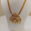 Traditional Gold-Plated Temple Necklace with Ruby, Green Stones & Pearl Drop Pendant